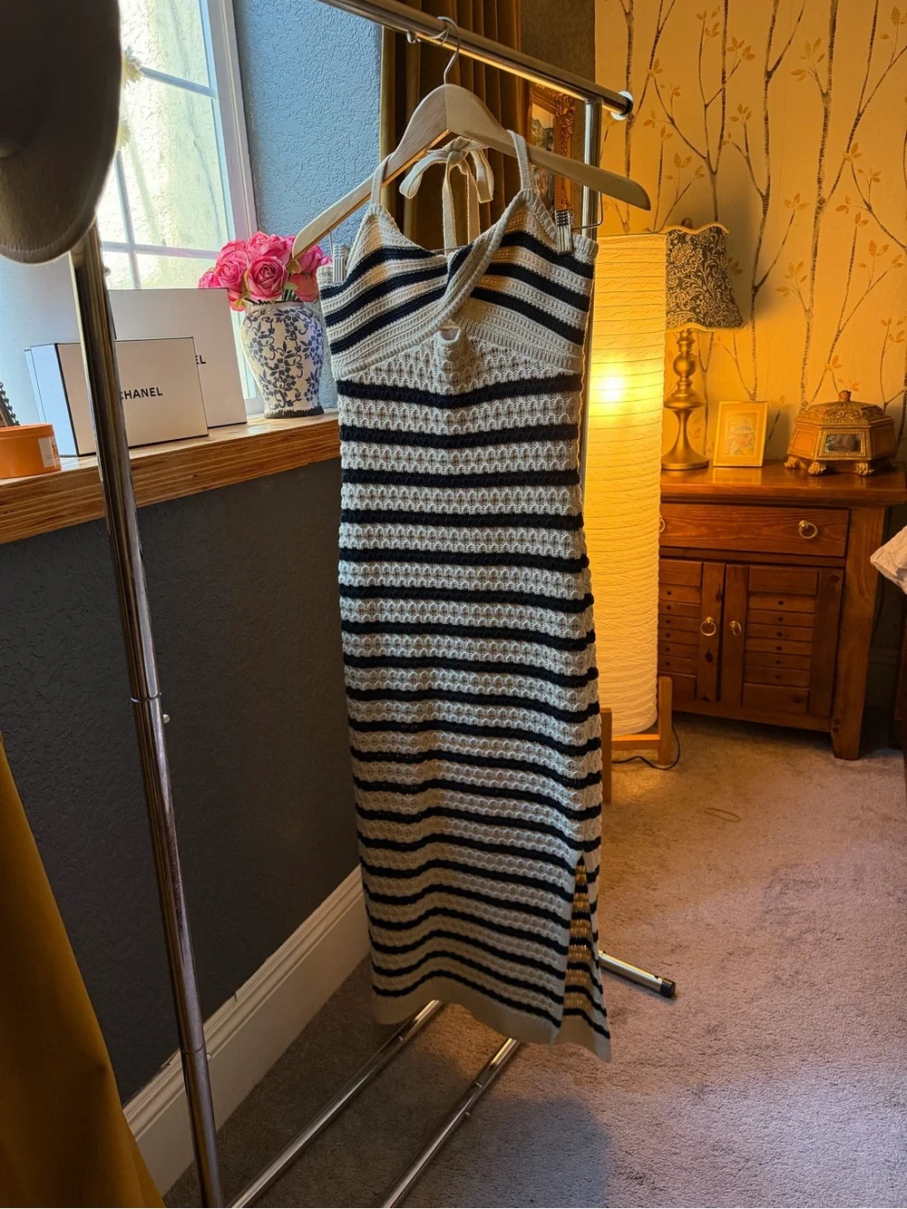House of Harlow 1960 Striped Halter Midi Dress - Black & Cream - Picture 1 of 5